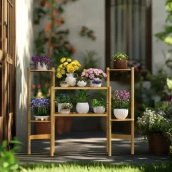 Plantehylde - Hjørnestativ i bambus med 6 niveauer - Str. L - Til blomsterkrukker inde/ude - Pladsbesparende - Gul