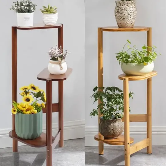 Plantehylde i træ - Hjørnemodel 3 niveauer - Til blomsterkrukker - Inde/ude - Naturligt træ - Brun