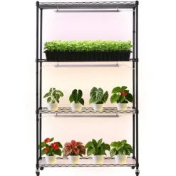 Plantehylde Med Vækstlampe - Indendørs Plantestativ - 4 Niveauer - 150 cm Højt - Med Hjul - 90 W 3-Farvet Fuldspektrum - Til Frøspiring