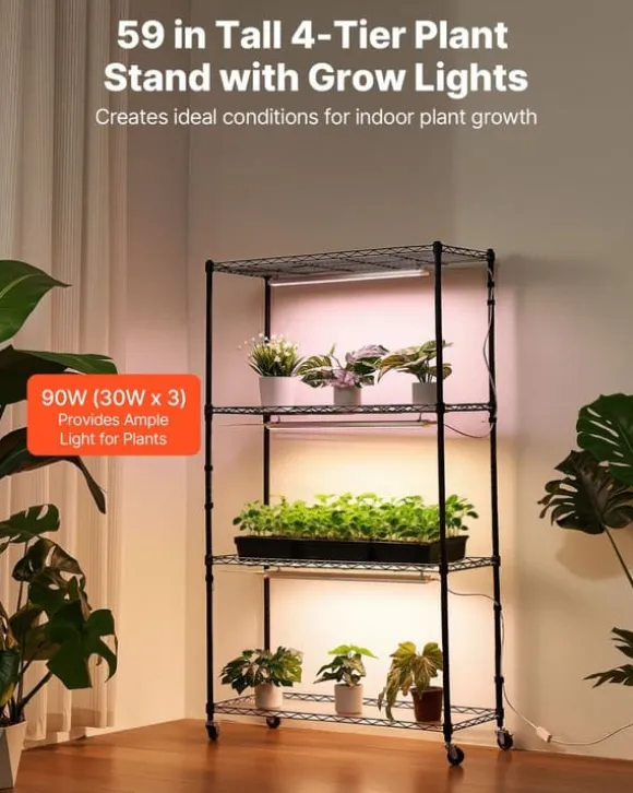 Plantehylde Med Vækstlampe - Indendørs Plantestativ - 4 Niveauer - 150 cm Højt - Med Hjul - 90 W 3-Farvet Fuldspektrum - Til Frøspiring