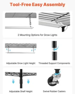 Plantehylde Med Vækstlampe - Indendørs Plantestativ - 4 Niveauer - 150 cm Højt - Med Hjul - 90 W 3-Farvet Fuldspektrum - Til Frøspiring