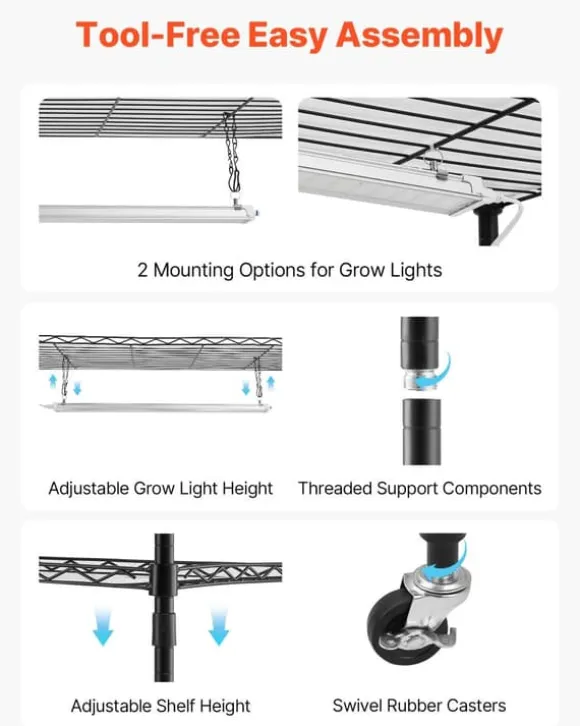 Plantehylde Med Vækstlampe - Indendørs Plantestativ - 4 Niveauer - 150 cm Højt - Med Hjul - 90 W 3-Farvet Fuldspektrum - Til Frøspiring
