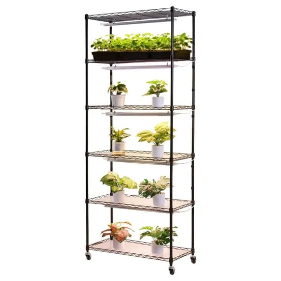Plantehylde med Vækstlys - Indendørs Plantestativ 6 Etager - 180 cm Høj - Med Hjul - 150 W LED Fuldspektrum 3 Farver - Timer 4/9/14 - Til Frøspiring | CDON
