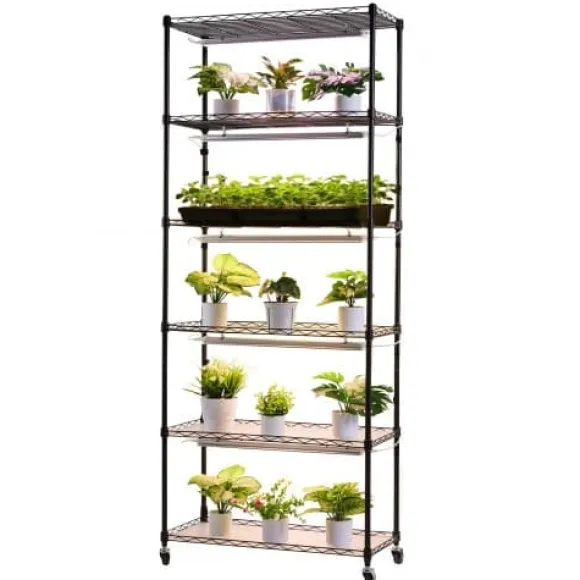 Plantehylde, 6-niveaus indendørs planteholder med vækstlys, 75x35x180 cm