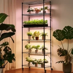 Plantehylde, 6-niveaus indendørs planteholder med vækstlys, 75x35x180 cm