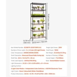 Plantehylde, 6-niveaus indendørs planteholder med vækstlys, 75x35x180 cm
