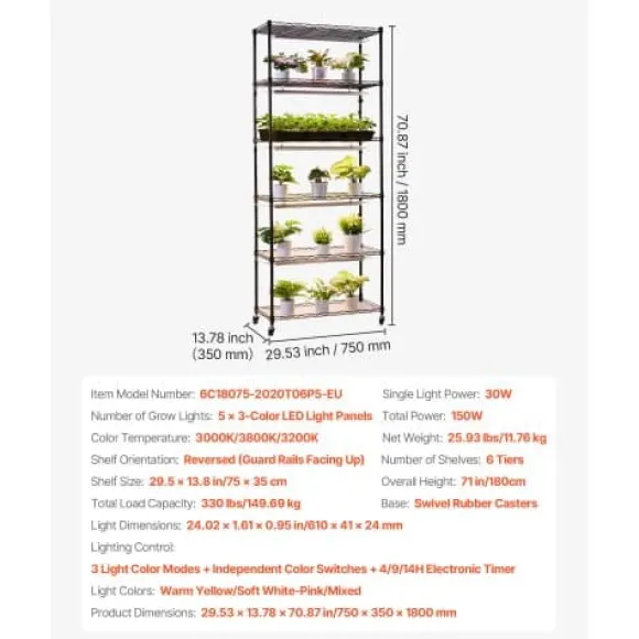 Plantehylde, 6-niveaus indendørs planteholder med vækstlys, 75x35x180 cm