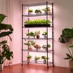 Plantehylde, 6-niveaus indendørs planteholder med vækstlys, 90x35x180 cm, metal