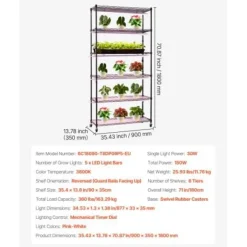 Plantehylde, 6-niveaus indendørs planteholder med vækstlys, 90x35x180 cm, metal