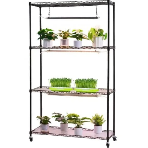 Plantehylde, 4-niveaus indendørs planteholder med vækstlys, 90x35x150 cm, metal
