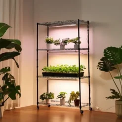Plantehylde, 4-niveaus indendørs planteholder med vækstlys, 90x35x150 cm, metal