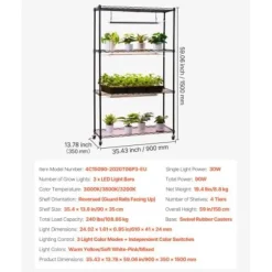 Plantehylde, 4-niveaus indendørs planteholder med vækstlys, 90x35x150 cm, metal