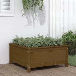 Plantekasse i massivt fyrretræ - Højbed til have & terrasse | Størrelse: 82,5x82,5x39 cm | Farve: Gyldenbrun