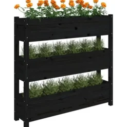 Plantekasse i massivt fyrretræ - Dekorativ til altaner | Størrelse: 112x25x104,5 cm | Farve: Sort