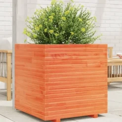 Plantekasse i massivt fyrretræ - Dekorativ til have og terrasse | Størrelse: 70x70x72 cm | Farve: Gyldenbrun