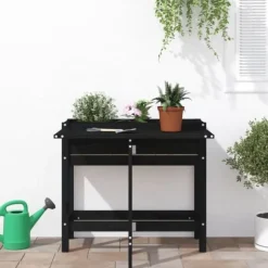 Plantekasse med foldbar bordplade i massivt fyrretræ | Farve: Sort
