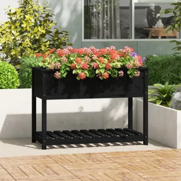 Plantekasse med hylde i massivt fyrretræ - Ergonomisk design | Størrelse: 111,5x54x81 cm | Farve: Sort