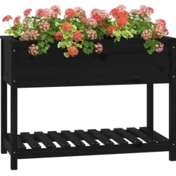 Plantekasse med hylde i massivt fyrretræ - Ergonomisk design | Størrelse: 111,5x54x81 cm | Farve: Sort