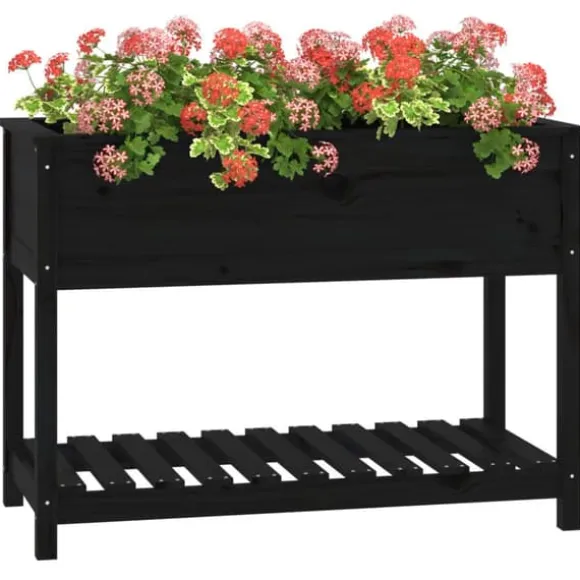 Plantekasse med hylde i massivt fyrretræ - Ergonomisk design | Størrelse: 111,5x54x81 cm | Farve: Sort