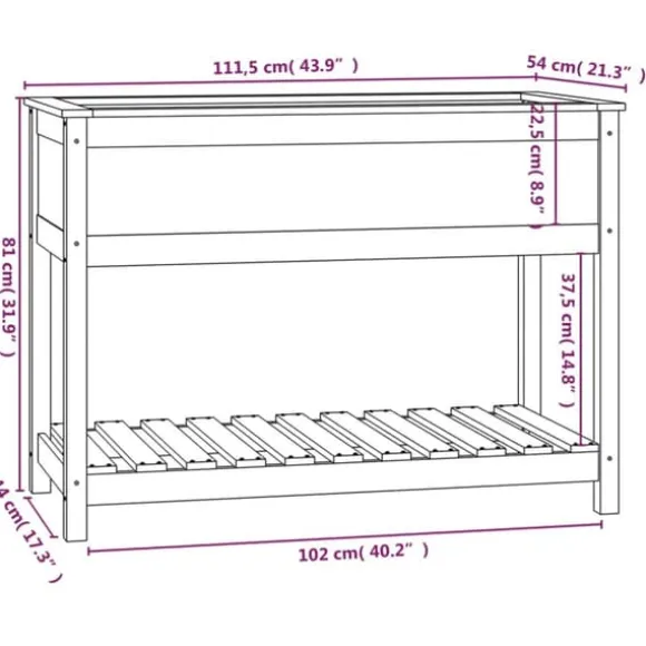 Plantekasse med hylde i massivt fyrretræ - Ergonomisk design | Størrelse: 111,5x54x81 cm | Farve: Sort