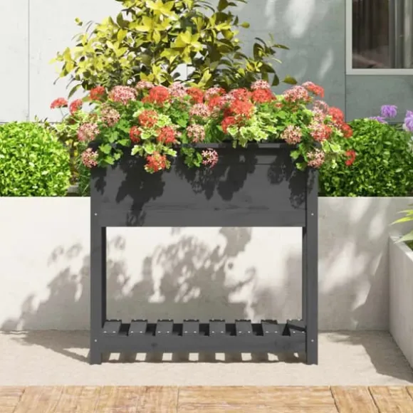 Plantekasse med hylde i massivt fyrretræ - Ergonomisk højbed | Størrelse: 82,5x34,5x81 cm | Farve: Grå
