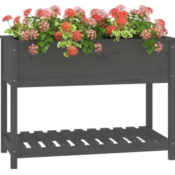 Plantekasse med hylde i massivt fyrretræ - Højbed til blomster | 111,5x54x81 cm | Farve: Grå