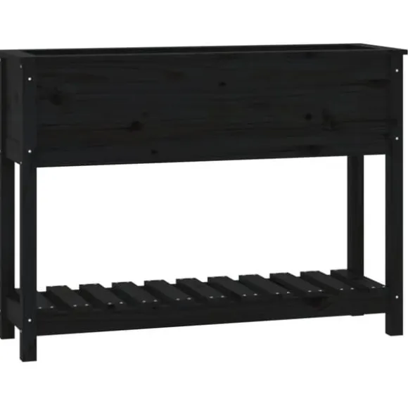 Plantekasse med hylde i massivt fyrretræ - Ergonomisk design | Størrelse: 111,5x34,5x81 cm | Farve: Sort