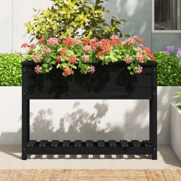 Plantekasse med hylde i massivt fyrretræ - Ergonomisk design | Størrelse: 111,5x34,5x81 cm | Farve: Sort
