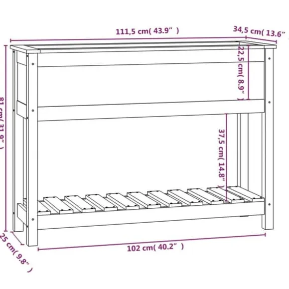 Plantekasse med hylde i massivt fyrretræ - Ergonomisk design | Størrelse: 111,5x34,5x81 cm | Farve: Sort