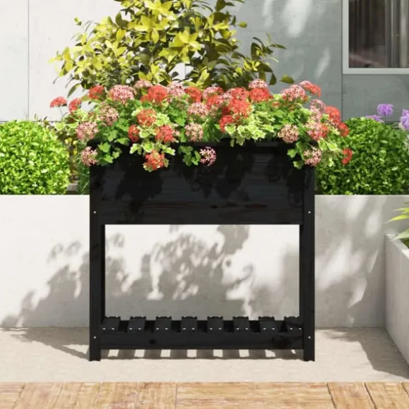 Plantekasse med hylde i massivt fyrretræ - Ergonomisk design | Størrelse: 82,5x34,5x81 cm | Farve: Sort