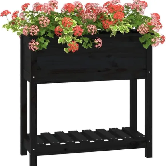 Plantekasse med hylde i massivt fyrretræ - Ergonomisk design | Størrelse: 82,5x34,5x81 cm | Farve: Sort