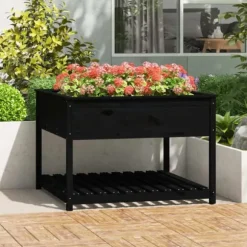 Plantekasse med hylde i massivt fyrretræ - Ergonomisk højbed | Størrelse: 111,5x111,5x81 cm | Farve: Sort