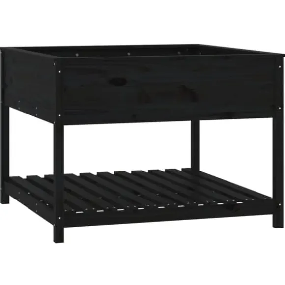 Plantekasse med hylde i massivt fyrretræ - Ergonomisk højbed | Størrelse: 111,5x111,5x81 cm | Farve: Sort