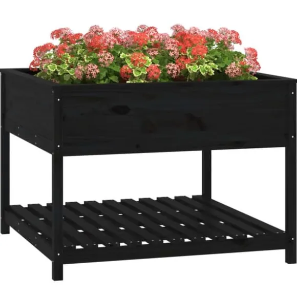 Plantekasse med hylde i massivt fyrretræ - Ergonomisk højbed | Størrelse: 111,5x111,5x81 cm | Farve: Sort