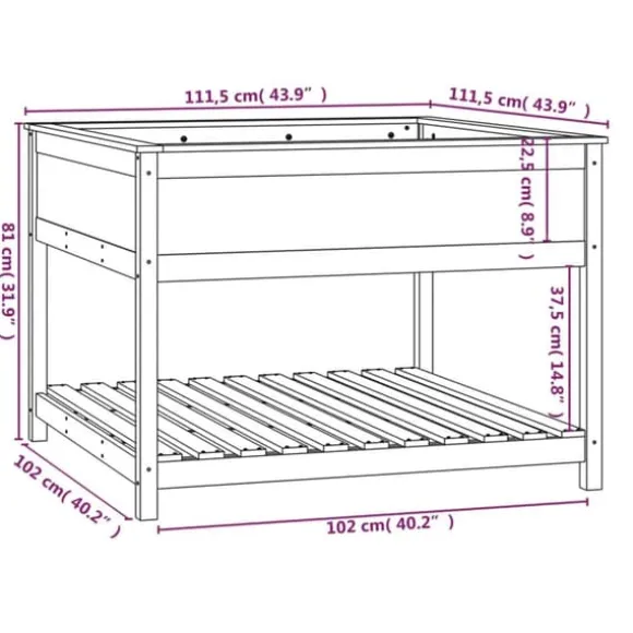 Plantekasse med hylde i massivt fyrretræ - Ergonomisk højbed | Størrelse: 111,5x111,5x81 cm | Farve: Sort