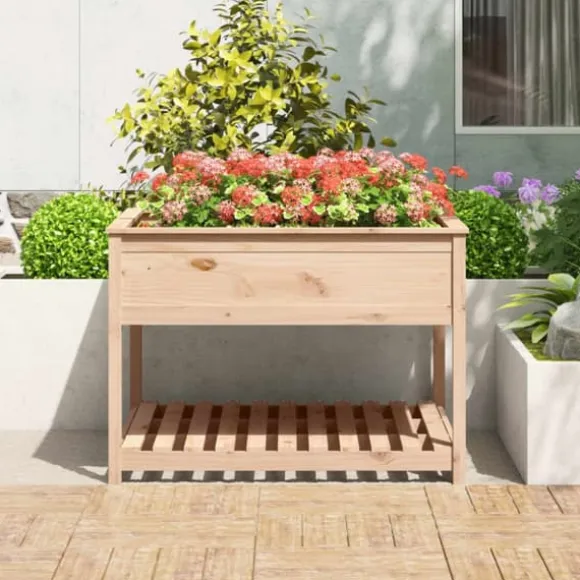 Plantekasse med hylde i massivt fyrretræ - Højbed | Størrelse: 111,5x111,5x81 cm