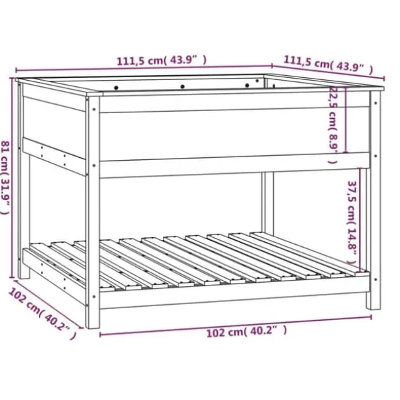 Plantekasse med hylde i massivt fyrretræ - Højbed | Størrelse: 111,5x111,5x81 cm