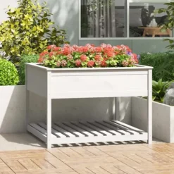 Plantekasse med hylde 111,5x111,5x81 cm massivt fyrretræ hvid - Plantekasse - Plantekasser - Home & Living