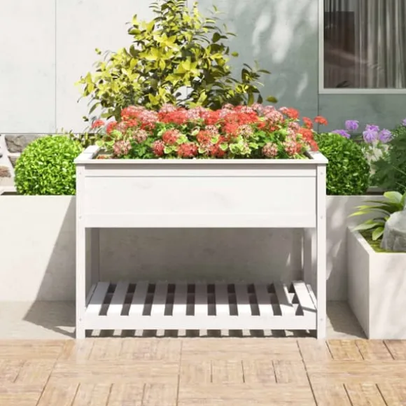 Plantekasse med hylde 111,5x111,5x81 cm massivt fyrretræ hvid - Plantekasse - Plantekasser - Home & Living