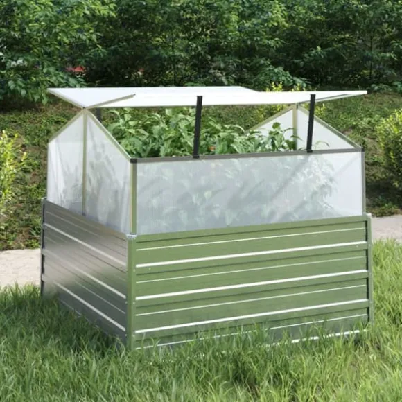 Plantekrukker - Living højbed med drivhus 100x100x85 cm sølvfarvet