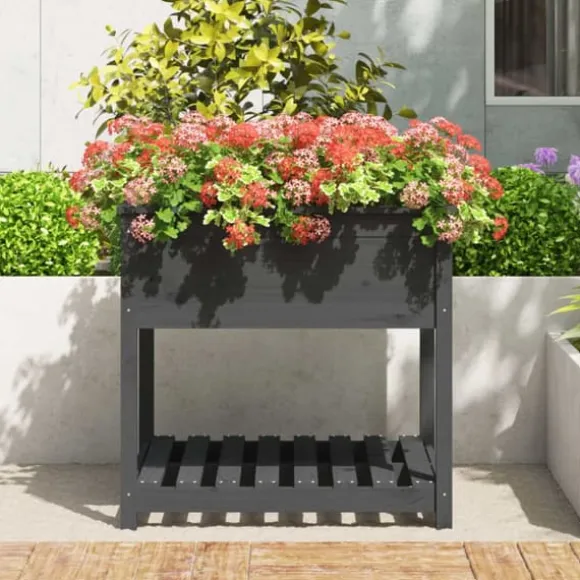 Plantekrukker - Living plantekasse med hylde 82,5x82,5x81 cm massivt fyrretræ grå