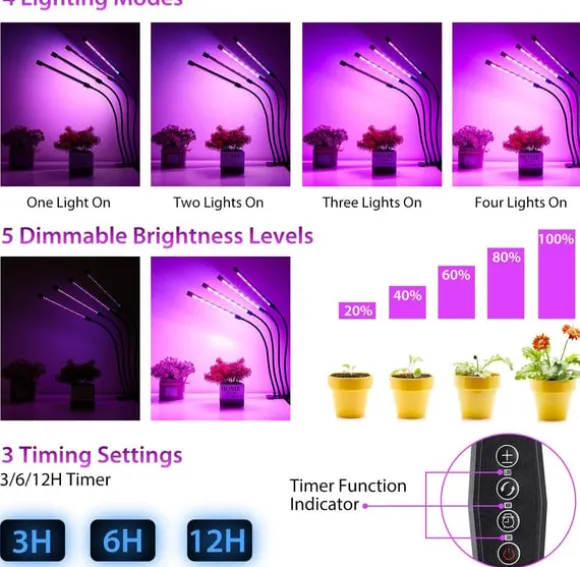 Plantelampe/plantebelysning med 4 fleksible LED-lysstofrør 1-pack