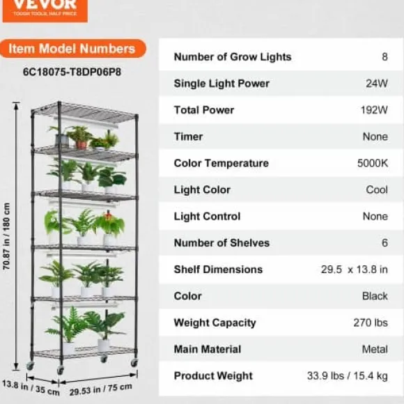 Planteopsats, 6 niveauer, 75x35x180 cm, Sort, Metal, Justerbar