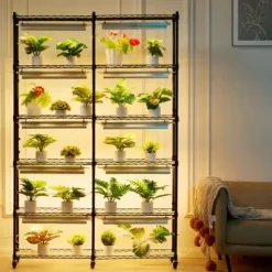 Planteopsats med vækstlys, 90x35x150 cm, Sort, Metal