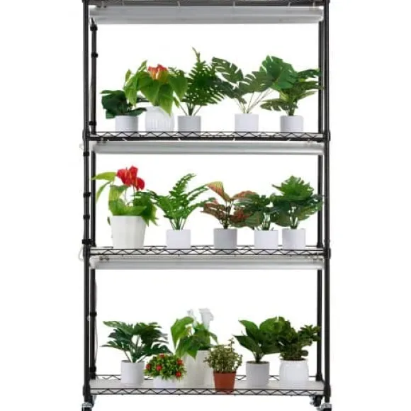 Planteopsats med vækstlys, 90x35x150 cm, Sort, Metal