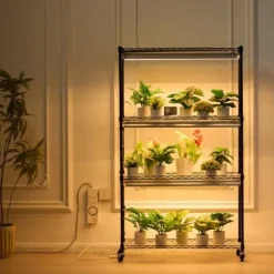 Planteopsats med vækstlys, 90x35x150 cm, Sort, Metal