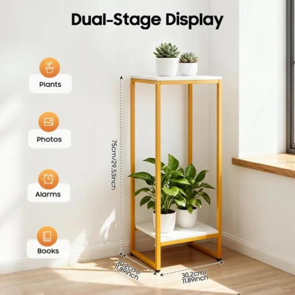 Plantestativ - Blomsterstander - 2 Hylder - Rektangulær - 30,2×30,2×75 cm - Til stue/altan/kontor - Guld
