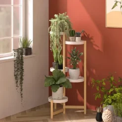 Plantestativ - Hjørne, rund blomsterhylde til potter - 4 Niveauer - Indendørs/Udendørs - Træ - Orange