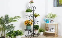 Plantestativ Blomsterhylde - 5-etagers Metalhylde - Høj - Rustbestandig - Til blomster, bonsai og urter - Havedekor - Sort