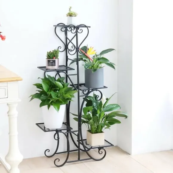 Plantestativ Blomsterhylde - 5-etagers Metalhylde - Høj - Rustbestandig - Til blomster, bonsai og urter - Havedekor - Sort